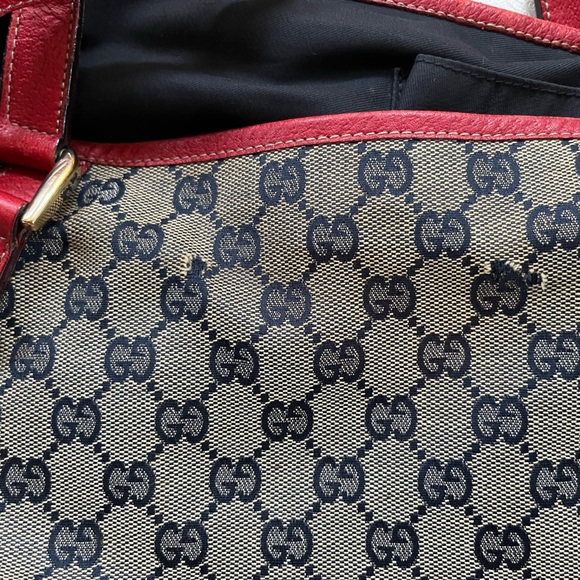 Gucci Red Leather Trim Monogram Bag - Picture 8 of 12